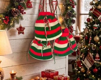 Handmade Knitted Christmas Santa Sack Set, 1 Large & 3 Small Reusable Gift Bags, Traditional Folk Drawstring Pouches, Festive Holiday Decor