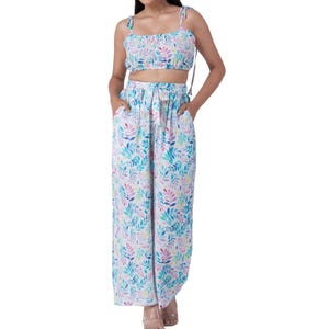 Boho Co-ord Set for Women, Rayon Two Piece Outfit, Summer Crop Top and Wide Leg Pants, Leaf Print Vacation Set, Flowy Matching Set