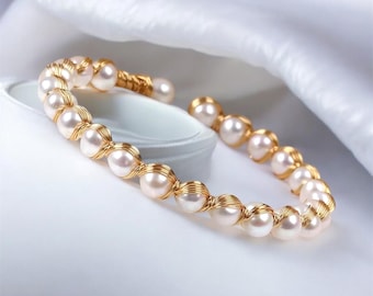 Natural real pearl bracelet for women, handmade dainty jewelry, 18k gold plated minimalist bangle gift for her