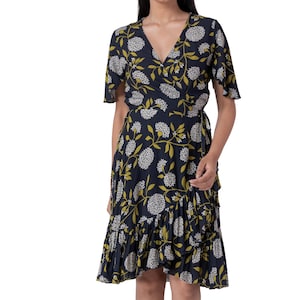 Floral Wrap Dress for Women, Rayon V Neck Summer Dress, Short Sleeve Ruffle Hem Dress, Boho Casual Knee Length Dress, Brunch Outfit