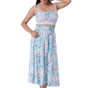 Boho Two Piece Set for Women, Floral Rayon Crop Top and Skirt, Summer Vacation Outfit, Flowy Co-ord Set, Resort Wear Beach Set