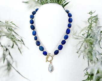 Barock Perle Anhänger Halskette, Lapis Lazuli Achat Perlen, handgemacht