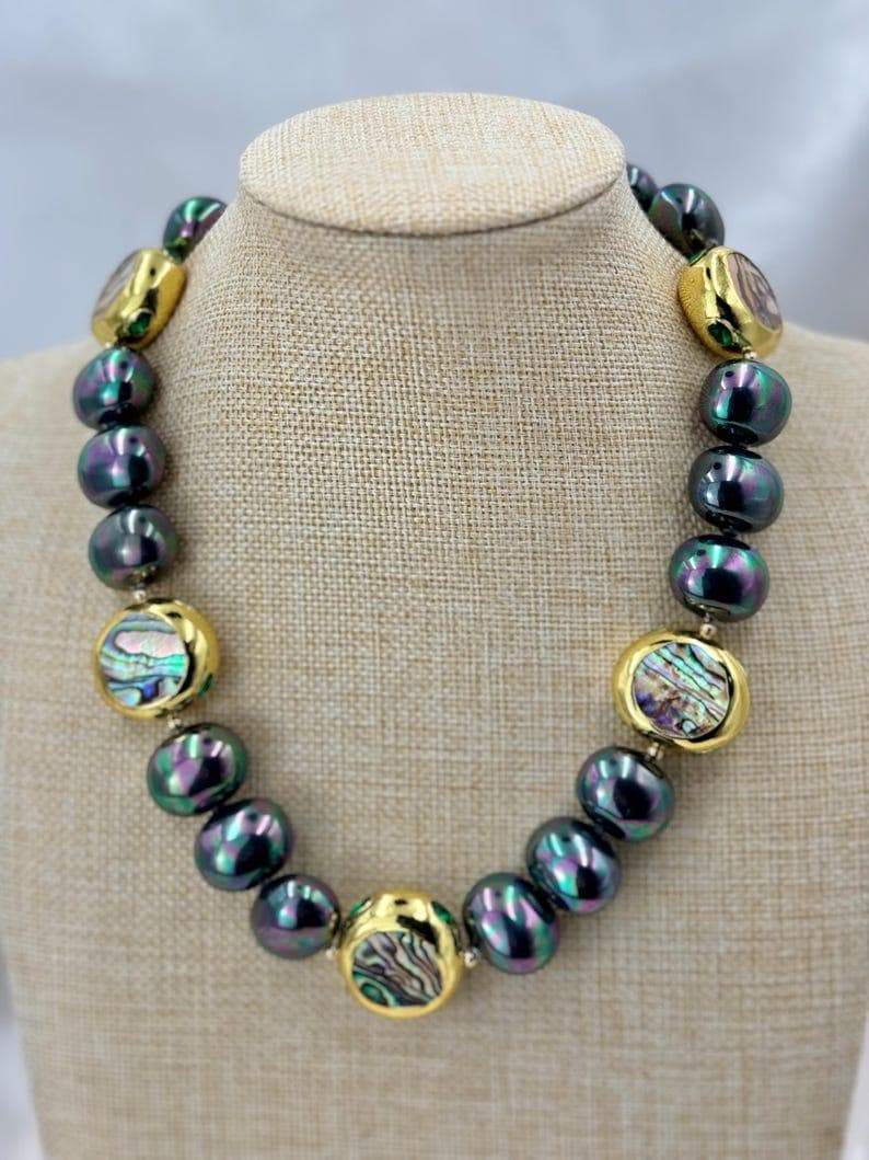 Handmade Abalone Shell Wrap White Pearl Necklace, Vintage Pearl