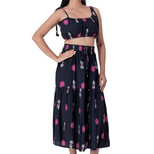 Boho Two Piece Set for Women, Floral Rayon Crop Top and Skirt, Summer Vacation Outfit, Flowy Co-ord Set, Resort Wear Beach Set