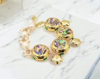 女性向けの手作りアワビパールブレスレット、繊細なヴィンテージビーズバングル、結婚祝いのジュエリー