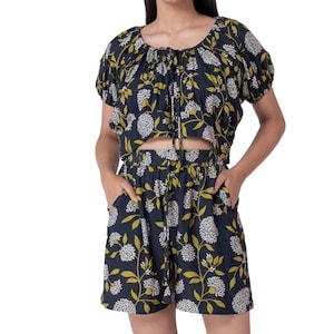 Boho Floral Co-ord Set for Women, Rayon Puff Sleeve Crop Top and Shorts, Summer 2 Piece Set, Vacation Outfit, Black Casual Set