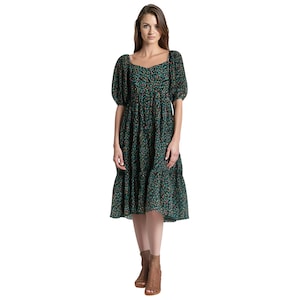 Green Floral Chiffon Dress | Cottagecore Puff Sleeve Midi Dress | Boho Fall Tiered Dress | Romantic Square Neck Dress for Women