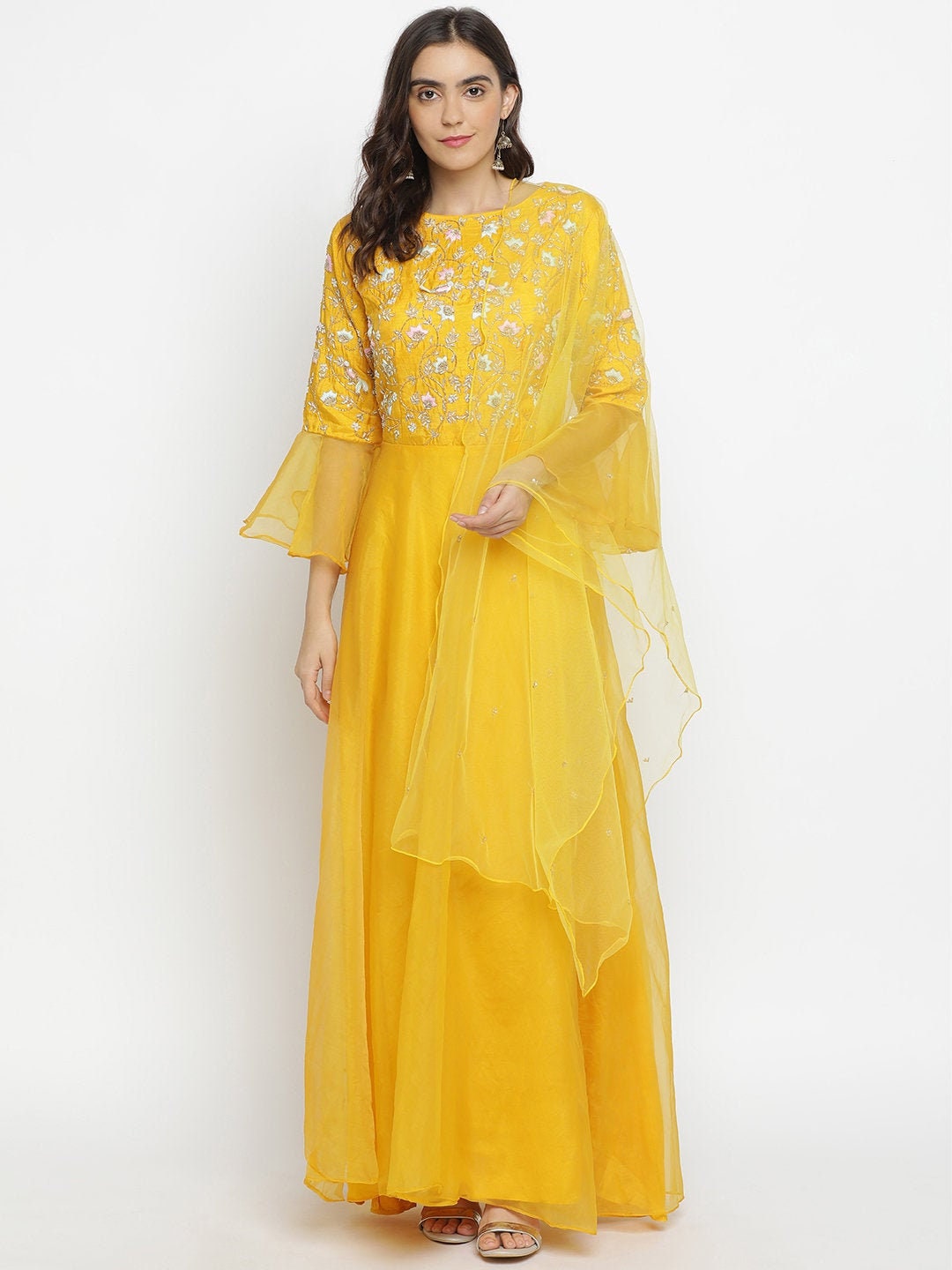 Women designer wear/Indian ethnic wear/ Yellow color long gown Etsy