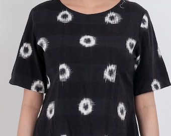 Handloom Ikat Cotton Blouse | Soft Woven Top for Women | Indian Ethnic Cotton Shirt | Short Sleeve Boho Style | Summer Wear