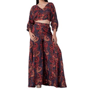 Boho Co-ord Set for Women | Soft Rayon Wide Leg Pants & Crop Top Set | Fall Floral Print 2 Piece Outfit | Flowy Resort Wear Loungewear