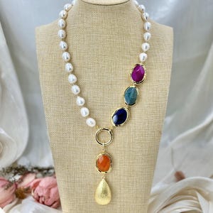 Natural White Pearl Necklace | Gemstone Charm Pendant Necklace | 18K Gold Pearl Chain | Dainty Handmade Jewelry | Statement pearl jewelry.