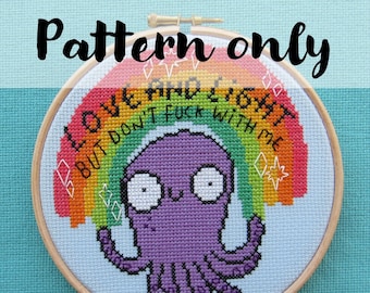 Love And Light Octopus - Sweary Cross Stitch Pattern. Katie Abey. Modern Funny Counted Cross Stitch.