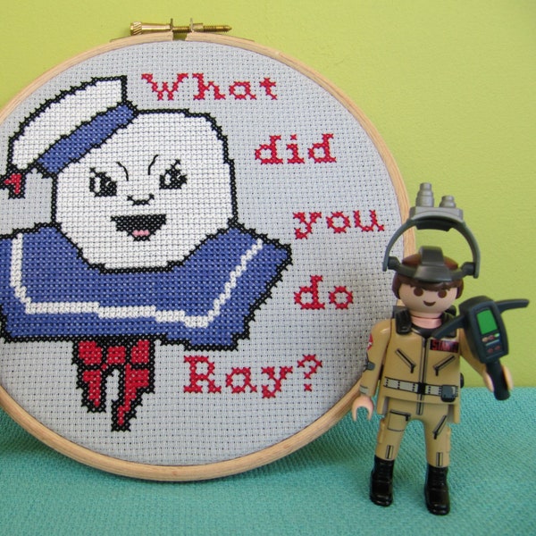 What did you do Ray? - Cross Stitch Kit. Stay Puft Marshmallow Man, Ghostbusters. Modern Funny Counted Cross Stitch.