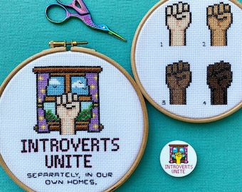 Introverts Unite - Cross Stitch Kit + Needle Minder Bundle. Modern Funny Counted Cross Stitch.