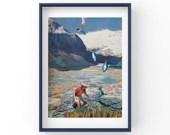 print of handcut collage * surreal art, vintage art, retro style, wall art, giclee print, fish, fishing, surreal, playful