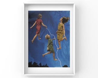 print of handcut collage * surreal art, vintage art, retro style, wall art, giclee print, space, women, dancing, lightning