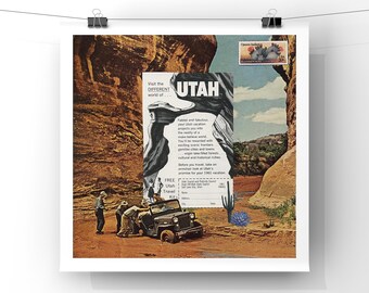 print of handcut collage * surreal art, vintage art, retro style, wall art, giclee print, Utah art, Utah gift, postcard, western art