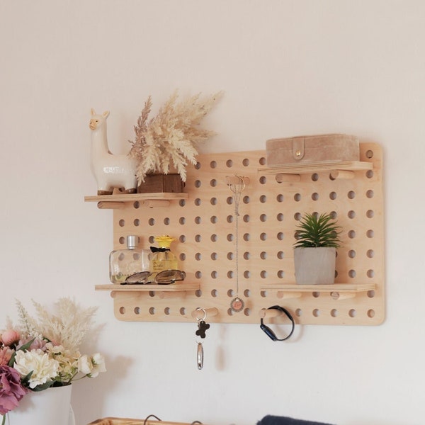 Wooden Pegboard Shelf - living room or bedroom shelf - floating and design wall shelf