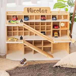 Personalized Toy Car Garage, Montessori Toy Car Storage, wooden toy garage, Personalized Toys for Boys, Toddler Birthday Gift, Garage kinder