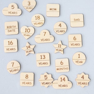 Houten hoogtemarkeringsset voor groeimeter | Hoogtemarkeringen voor leeftijd | Houten kinderkamerdecoratie | supplement babygroeigrafiek | kraamcadeau