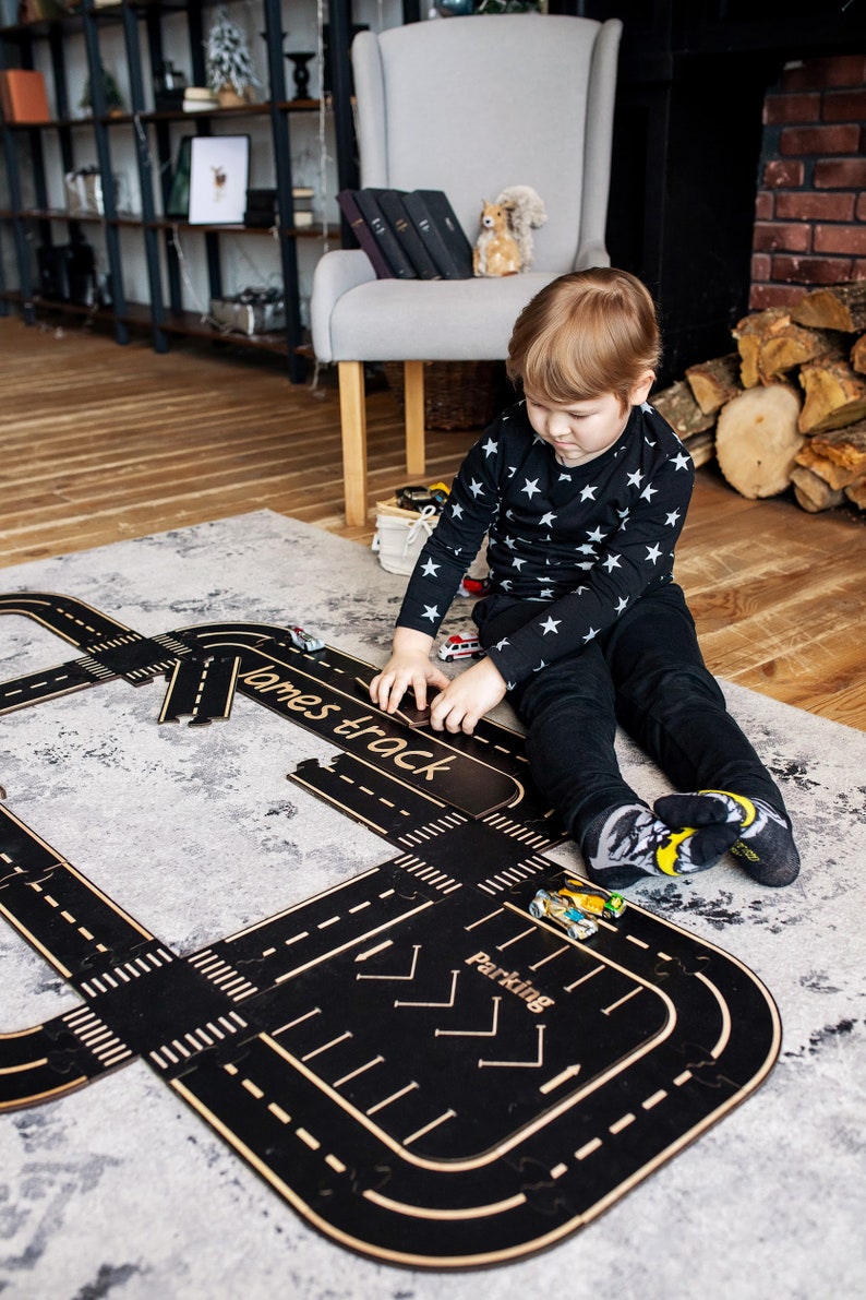 Road track for kids Personalised baby gift Montessori toys 1 year old 2 year old Wooden Car track image 3