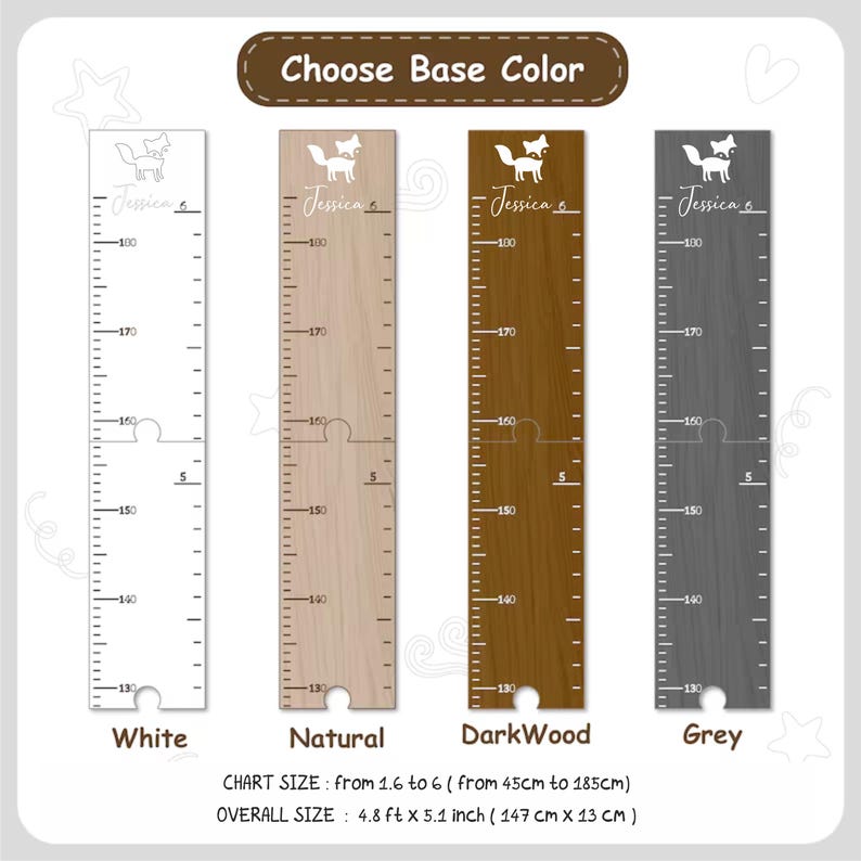 Pu&ograve; includere: Quattro diverse opzioni di colore per un grafico di crescita in legno con un design di volpe e il nome "Jessica". Il grafico misura da 1,6 a 6 piedi (45 cm a 185 cm) ed &egrave; 4,8 piedi per 5,1 pollici (147 cm x 13 cm).