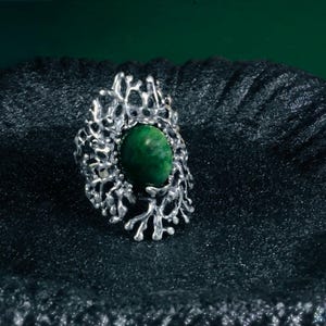 Chunky Silver Branch Ring: Natural Jade Stone, Adjustable Band
