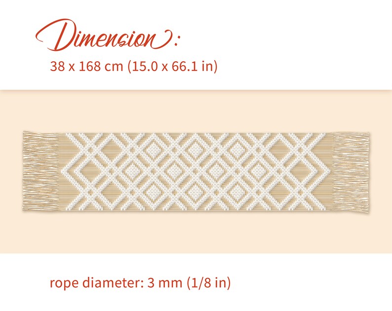 Puede incluir: Una alfombra de pasillo tejida en beige y blanco con un patr&oacute;n geom&eacute;trico de diamantes y bordes con flecos. Las dimensiones son 38 x 168 cm, con un di&aacute;metro de cuerda de 3 mm. El texto "Dimension:" est&aacute; en la parte superior.