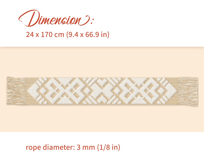 May include: A white macrame wall hanging with a geometric pattern. The wall hanging is 24 cm by 170 cm and is made with 3 mm rope.