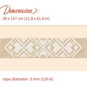 May include: A white macrame wall hanging with a geometric pattern. The wall hanging is 30 inches by 61.8 inches and is made with 1/8 inch rope.