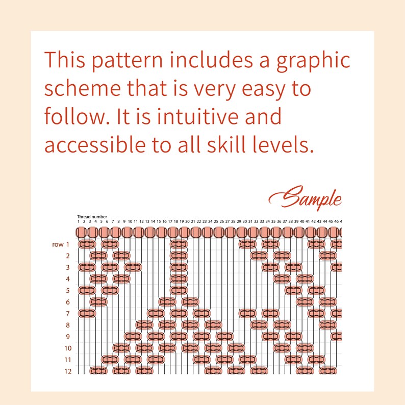 May include: A sample chart with a grid pattern showing how to create a design using different colored threads. The chart is labeled "Thread number" and "row". The chart is titled "This pattern includes a graphic scheme that is very easy to follow. It is intuitive and accessible to all skill levels."
