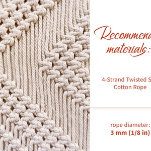 May include: Close-up of a white cotton rope macrame wall hanging. The rope is 4-strand twisted and has a diameter of 3 mm (1/8 in).