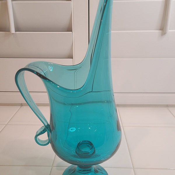 Vintage Mid Century L.E. Smith Simplicity Line Peacock Blue/Aqua Swung Glass Footed Pitcher with Scroll Handle