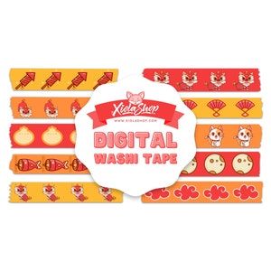 May include: Digital washi tape set with a variety of Chinese New Year designs, including firecrackers, lions, dumplings, fish, cats, fans, and clouds. The tape is red, orange, and yellow.