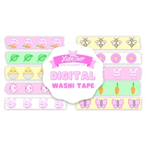 May include: Digital washi tape set with a variety of Easter-themed designs, including bunnies, chicks, eggs, carrots, butterflies, and flowers. The tape is pink, yellow, green, and white.