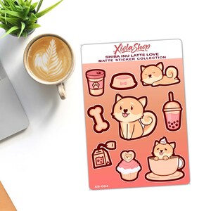 Shiba Inu Latte Love Vinyl Sticker Sheet - Shiba Inu, Latte Love, Kawaii, Arkusz naklejek