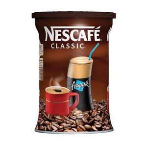 May include: A brown and white can of Nescafe Classic instant coffee with a picture of a coffee cup and a glass of iced coffee with a straw. The can has the text "Nescafe Classic" on it.