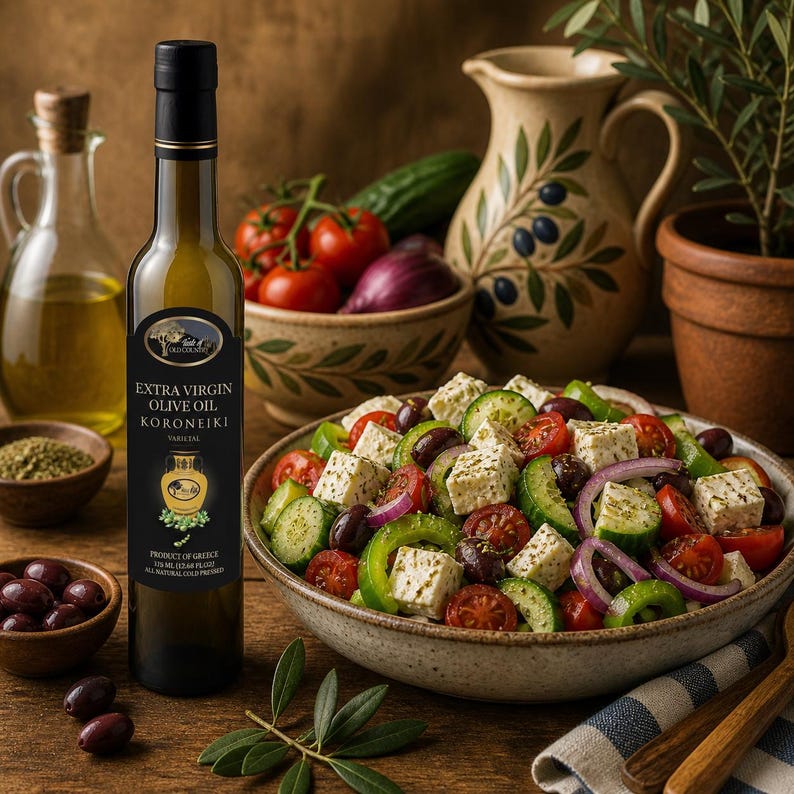 May include: A bottle of extra virgin olive oil with a black label, alongside a Greek salad with tomatoes, cucumbers, olives, and feta cheese. Other ingredients include a small bowl of herbs, a bowl of olives, and a decorative pitcher.