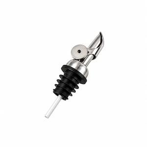 May include: A stainless steel bottle pourer featuring a hinged metal cap, a black ribbed rubber stopper for a secure fit, and a thin white plastic tube extending from the bottom to facilitate a controlled flow of liquid from a bottle.