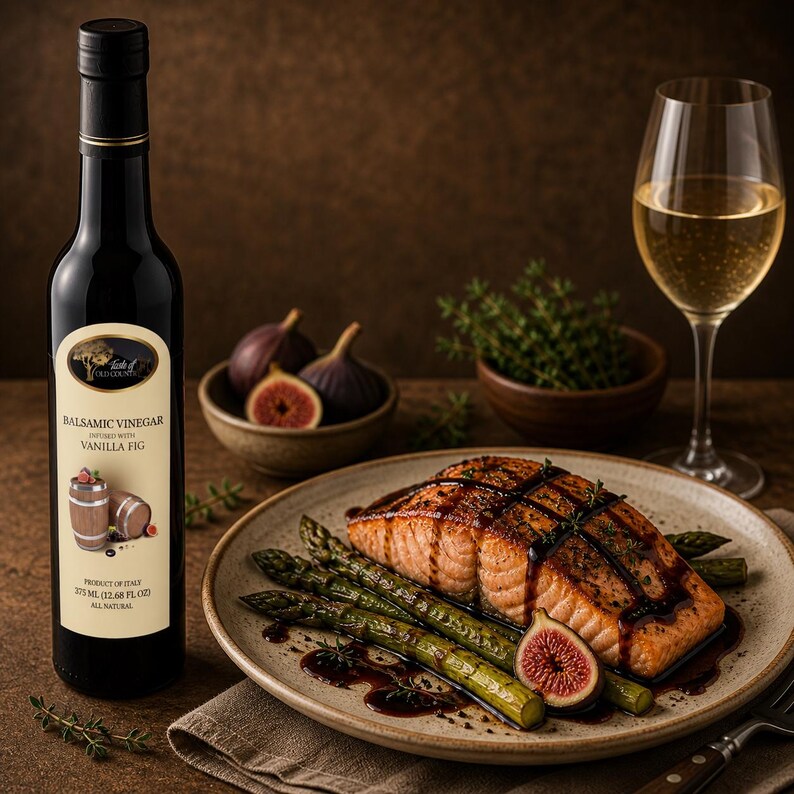 May include: A still-life image featuring a bottle of balsamic vinegar, a plate of grilled salmon with asparagus, figs, and a glass of white wine. The balsamic vinegar is labeled "Infused with Vanilla Fig". The food is arranged on a wooden surface.