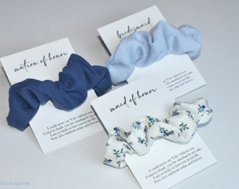 Dusty Blue, Blue Floral Hair Scrunchies, Hair Ties, Great quality, velvet, Gift for Her, Custom Card, Bridesmaid Gift, Birthday