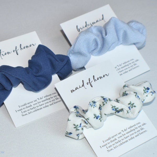 Dusty Blue, Blue Floral Hair Scrunchies, Hair Ties, Great quality, velvet, Gift for Her, Custom Card, Bridesmaid Gift, Birthday