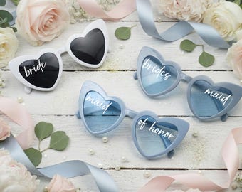 Custom Heart Sunglasses, Dusty or Something Blue and White, Bachelorette Party Favors, Bridesmaid