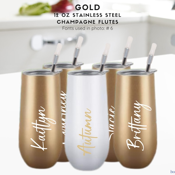 Gold, 12 oz Champagne Flute, Stainless Steel Flute w/ Straw - Bridesmaid Gift - Bridesmaid Proposal – Wedding Favor - Birthday Cup