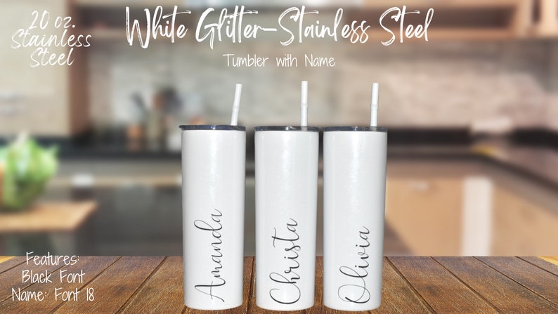White Glitter Stainless Steel Skinny Tumbler Insulated image 1