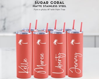 Sugar Coral Matte Stainless Steel Skinny Tumbler, Bachelorette Gift, Girls Trip, Tropical Cup, Birthday Cup, Turquoise, Bridesmaid Gift, Cup