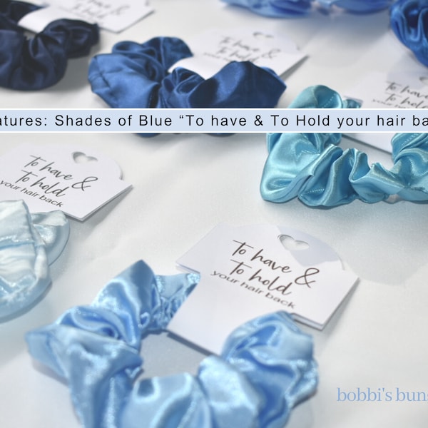 Shades of Blue, Scrunchies, Hair Ties, Great quality, Soft Satin, Great for Gift, Custom Card, To Have and To Hold your hair back,