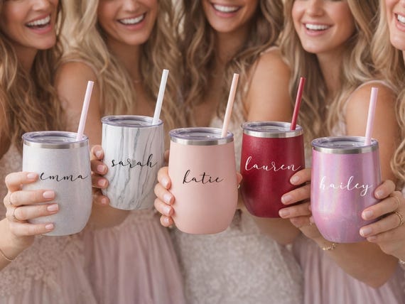 Personalized Stainless Steel Wine Tumbler | 12oz Insulated Cup with Straw (Bachelorette Party Favor)