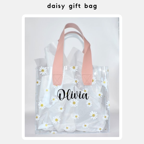 Flower, Daisy Gift Bag with pink Handles, Transparent gift bag, Birthday gift bag, Flower Girl, Cute Gift Bag, Custom Name