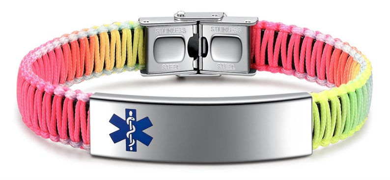 Customized Stylish Medical Alert ID Bracelet for Women Multicolor Nylon Rope Handmade Braided Hypoallergenic Awareness Bangle Bracelet